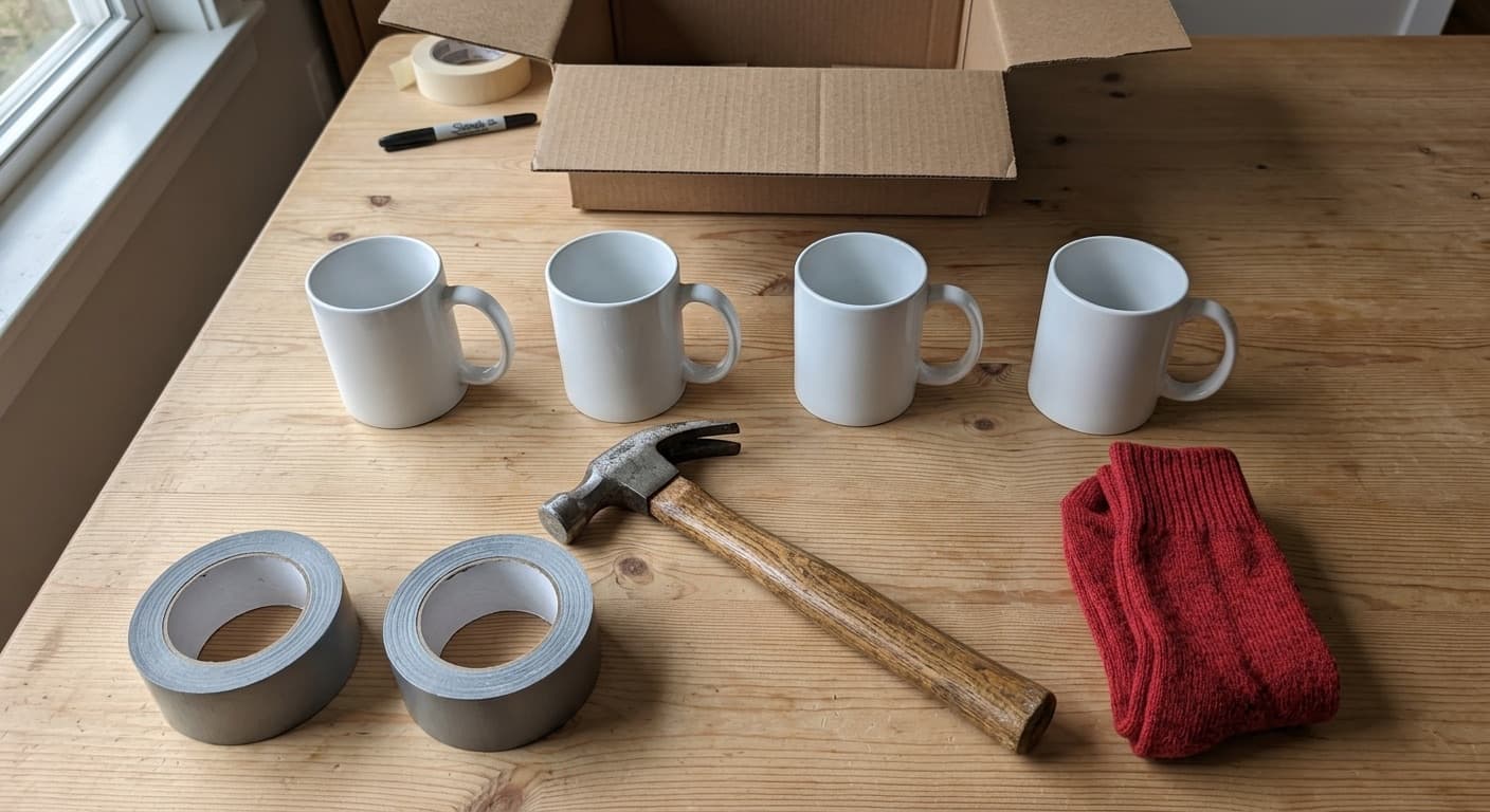 Des mugs, du scotch américain, un marteau, des chaussettes, un marqueur et du ruban de masquage sur une table en bois